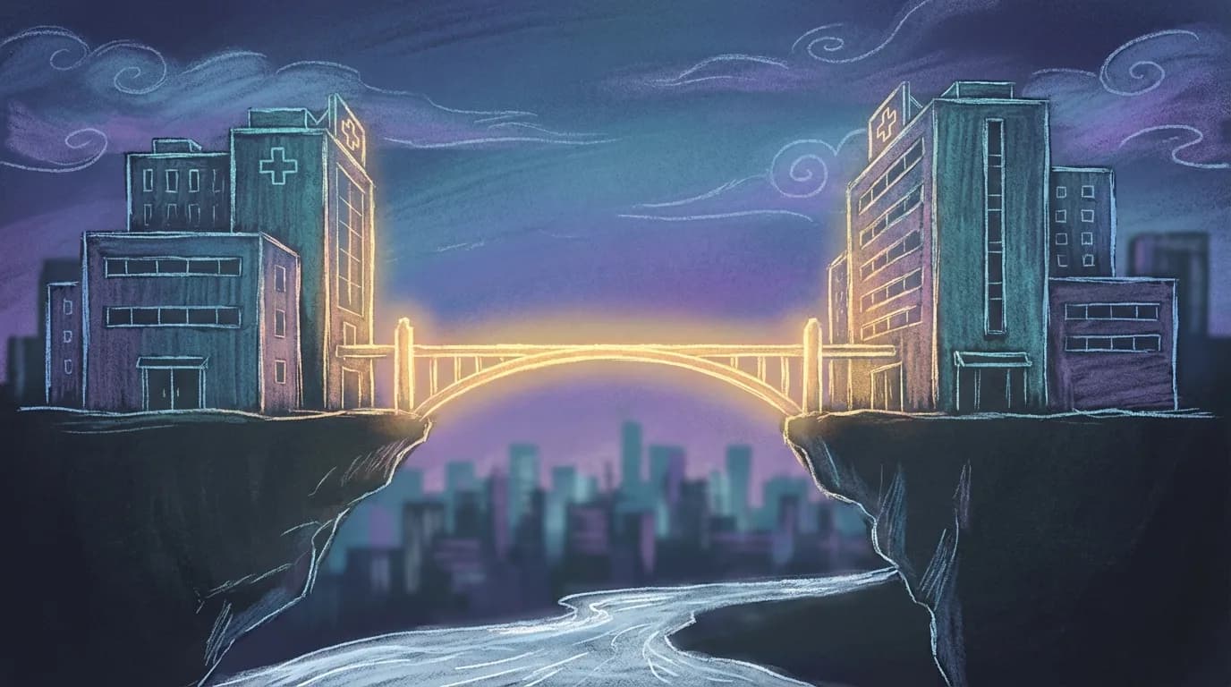 Два больших здания больниц, стоящих порознь в городском пейзаже, соединённых единым светящимся мостом на закате — символ объединения соперников.