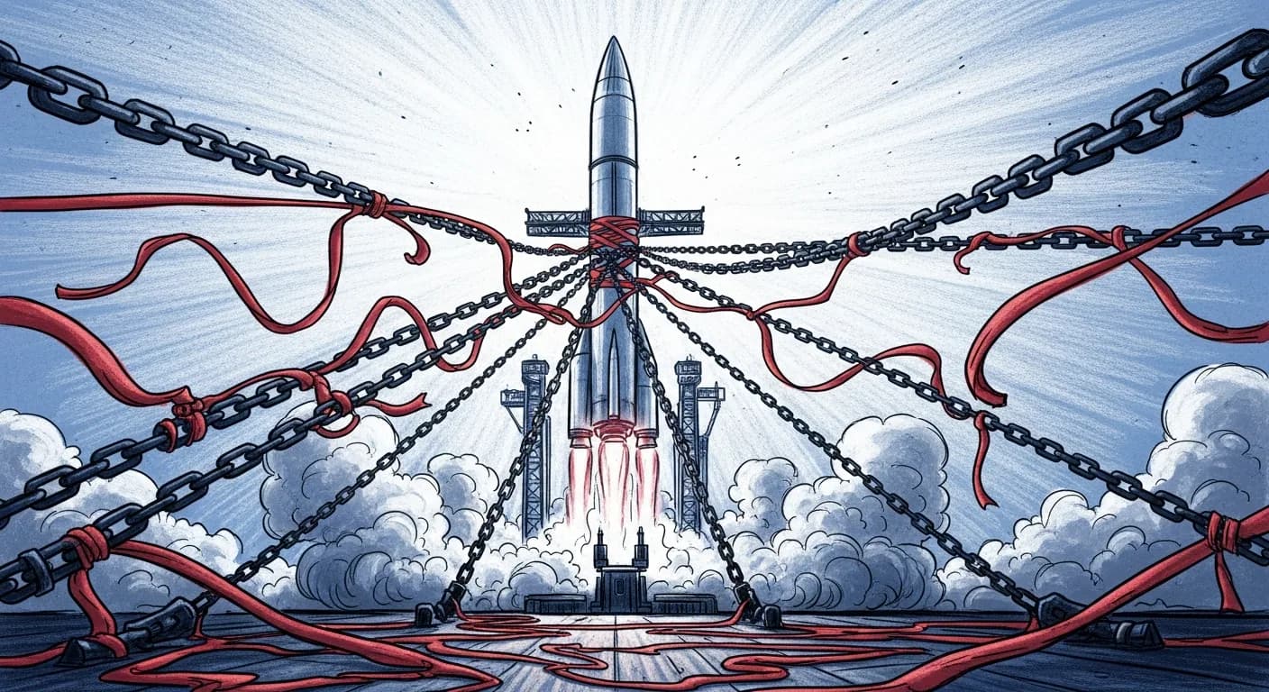Огромная ракета на стартовой площадке, прикованная к земле десятками тяжёлых цепей и бюрократической волокитой, пытающаяся взлететь вопреки ограничениям. Без текста на картинке.