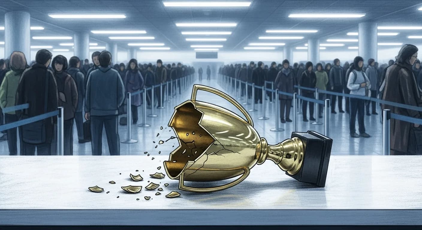 Разбитый золотой кубок на стойке регистрации в аэропорту, за ним — размытая длинная очередь людей. Холодный свет, ощущение нарушенного обещания.