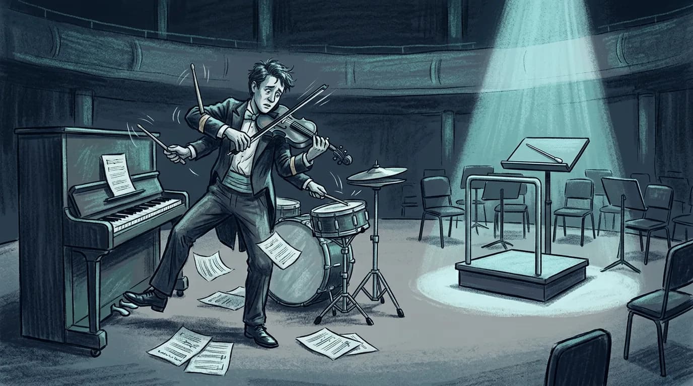 Одинокий скрипач на большой сцене отчаянно пытается играть на нескольких инструментах одновременно — скрипка под подбородком, нога на педали фортепиано, палочки примотаны к локтям — а рядом в луче света стоит пустой дирижёрский пульт с нетронутой палочкой.