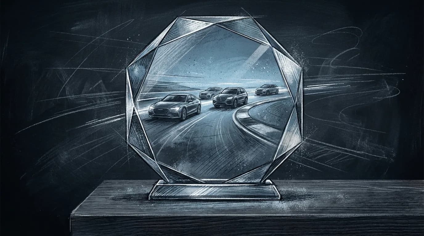 Серебристый Lexus уверенно стоит перед величественным европейским замком, а BMW и Mercedes видны на заднем плане, слегка не в фокусе. Золотистый вечерний свет.