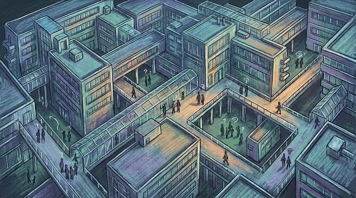 Огромное офисное здание сверху, с бесчисленными пристройками и крыльями во все стороны, напоминающее лабиринт, крошечные растерянные фигурки блуждают по коридорам. Тёплое дневное освещение.