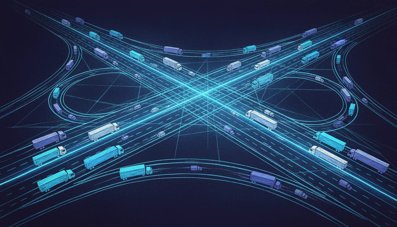 Сеть автомагистралей с высоты птичьего полёта, сотни грузовиков движутся как связанные точки на светящейся цифровой сетке — одни яркие с грузом, другие тускнеют пустыми — все связаны невидимыми алгоритмическими нитями.