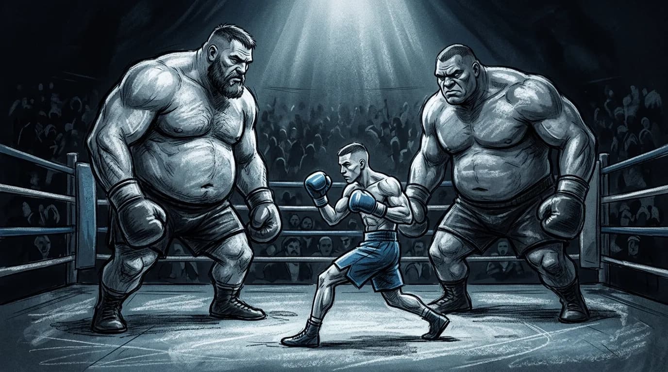 Маленький поджарый боксёр в боевой стойке напротив двух огромных тяжеловесов на ринге. Маленький боец выглядит уверенным и ловким, а гиганты — медлительными и грузными. Драматичное освещение прожекторами.
