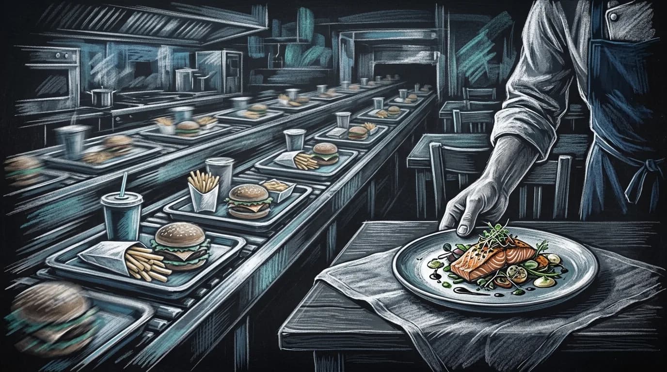 Увеличительное стекло над цепочкой из четырёх шестерёнок — одна сияет золотом, остальные приглушённо-серые. Минималистичный стиль, без текста.