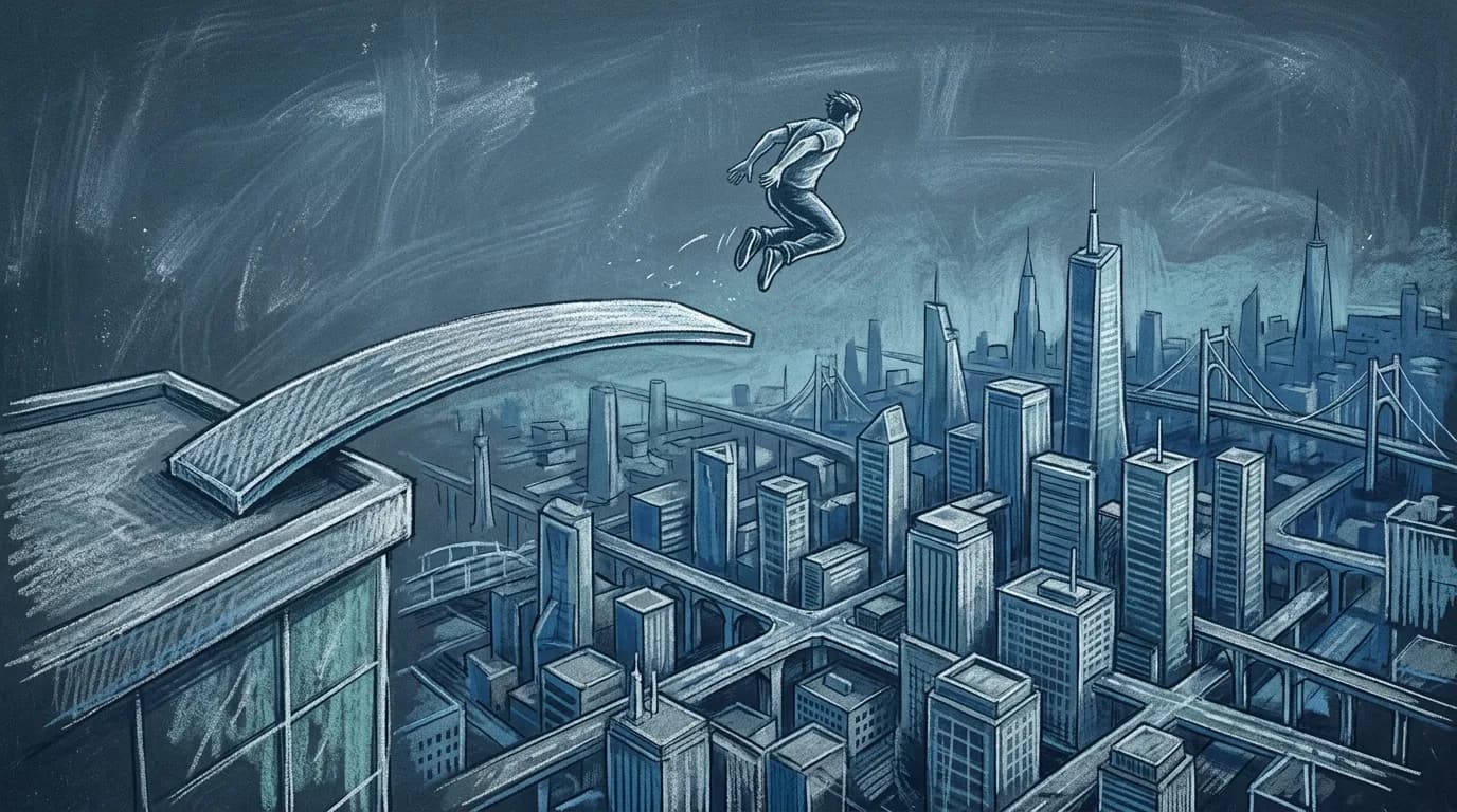 Огромный пустой склад с солнечным светом через стеклянный потолок, наполовину превращённый в современные офисы со стеклянными стенами — стройка в процессе, символ превращения успеха в нечто большее.