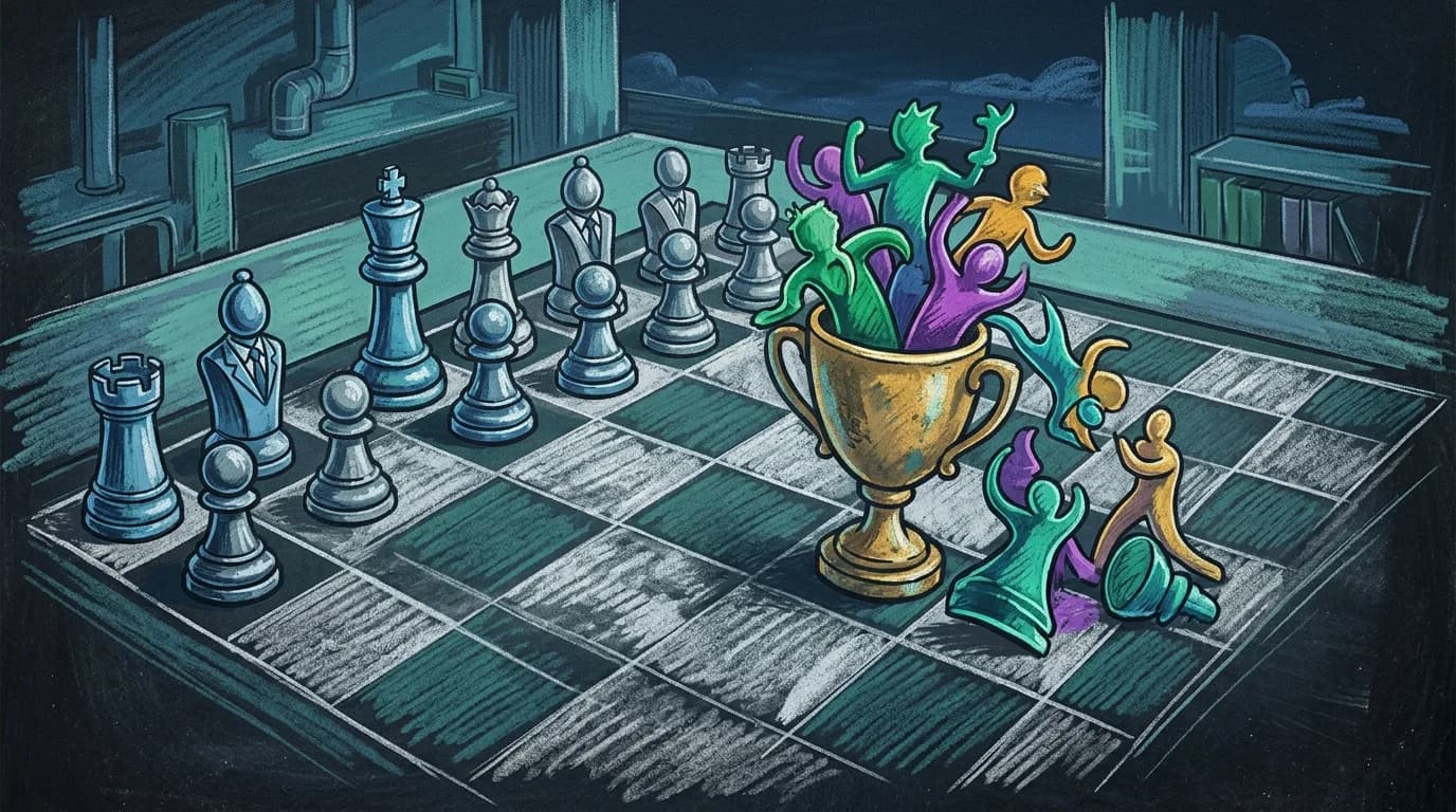 Большое корпоративное здание с распахнутыми дверями, и поток разных людей с горящими лампочками в руках, входящих внутрь через воронкообразный вход. Без текста на картинке.