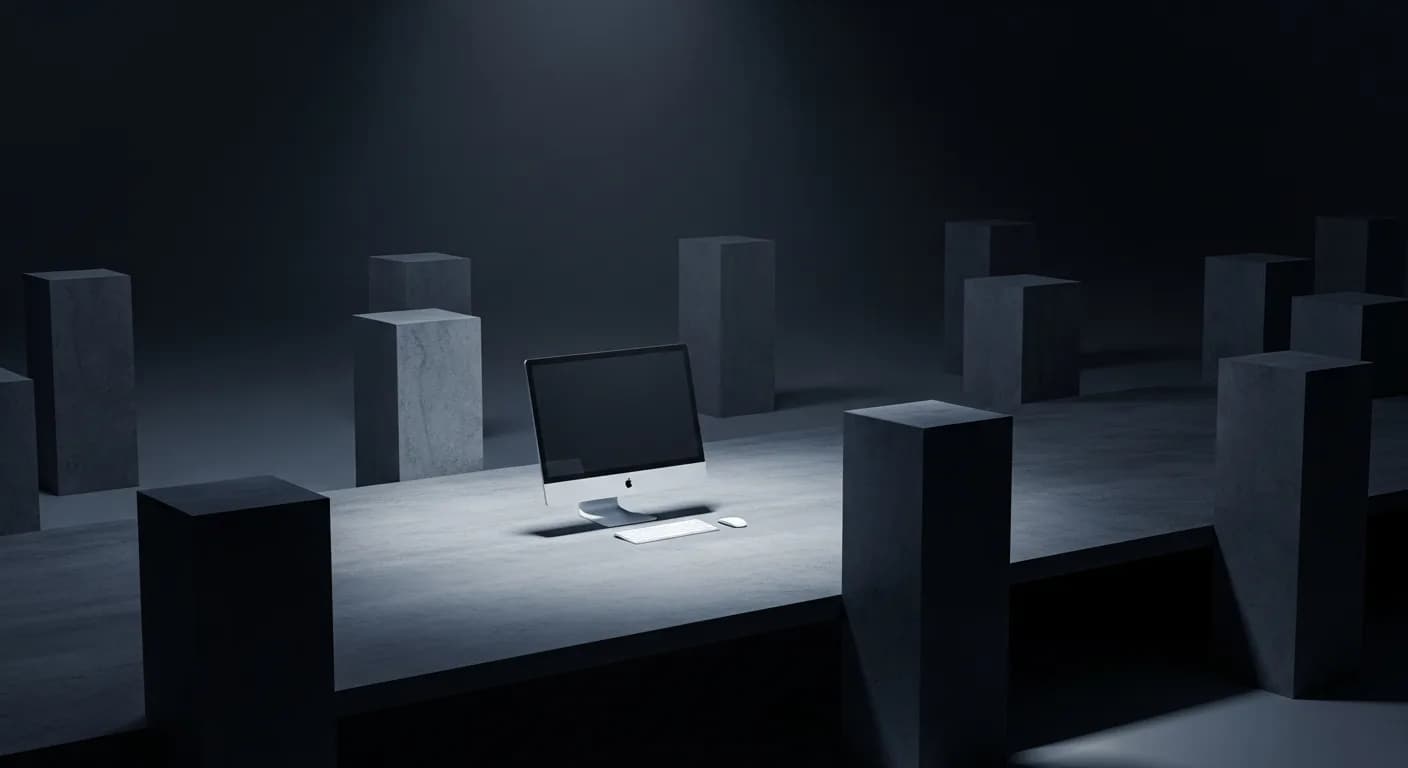 A single sleek white computer sitting alone on a vast empty table, surrounded by empty pedestals where fourteen other computers once stood, dramatic studio lighting emphasizing the power of subtraction.