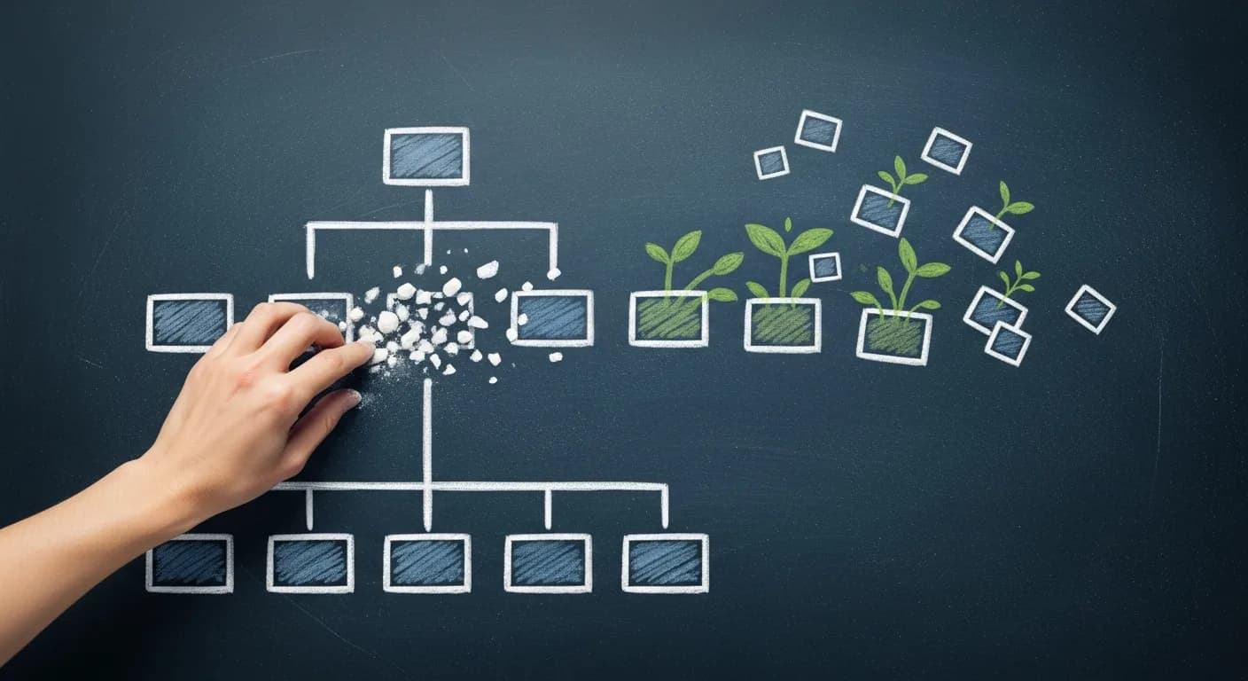 A massive 1950s mainframe computer standing in an office, surrounded by an even larger crowd of managers in suits at desks — the machine dwarfed by the people it was supposed to replace.