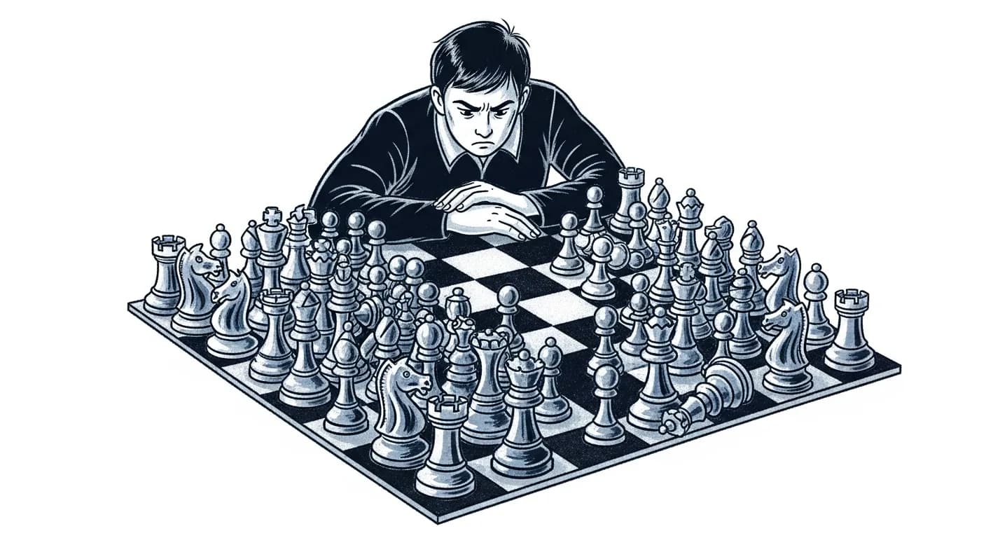 A lone tightrope walker balancing on a thin wire stretched between two skyscrapers, carrying an increasingly tall and wobbling stack of boxes — the higher the stack, the more the walker tilts. Dramatic sky, sense of precarious balance.