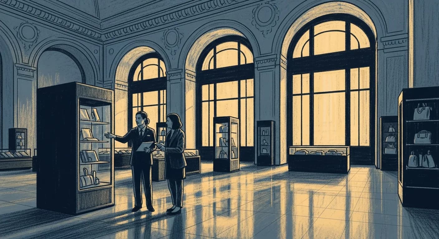 A grand department store interior bathed in warm golden light, with a single attentive salesperson personally guiding a customer — the architecture and atmosphere radiating careful investment rather than empty promises.