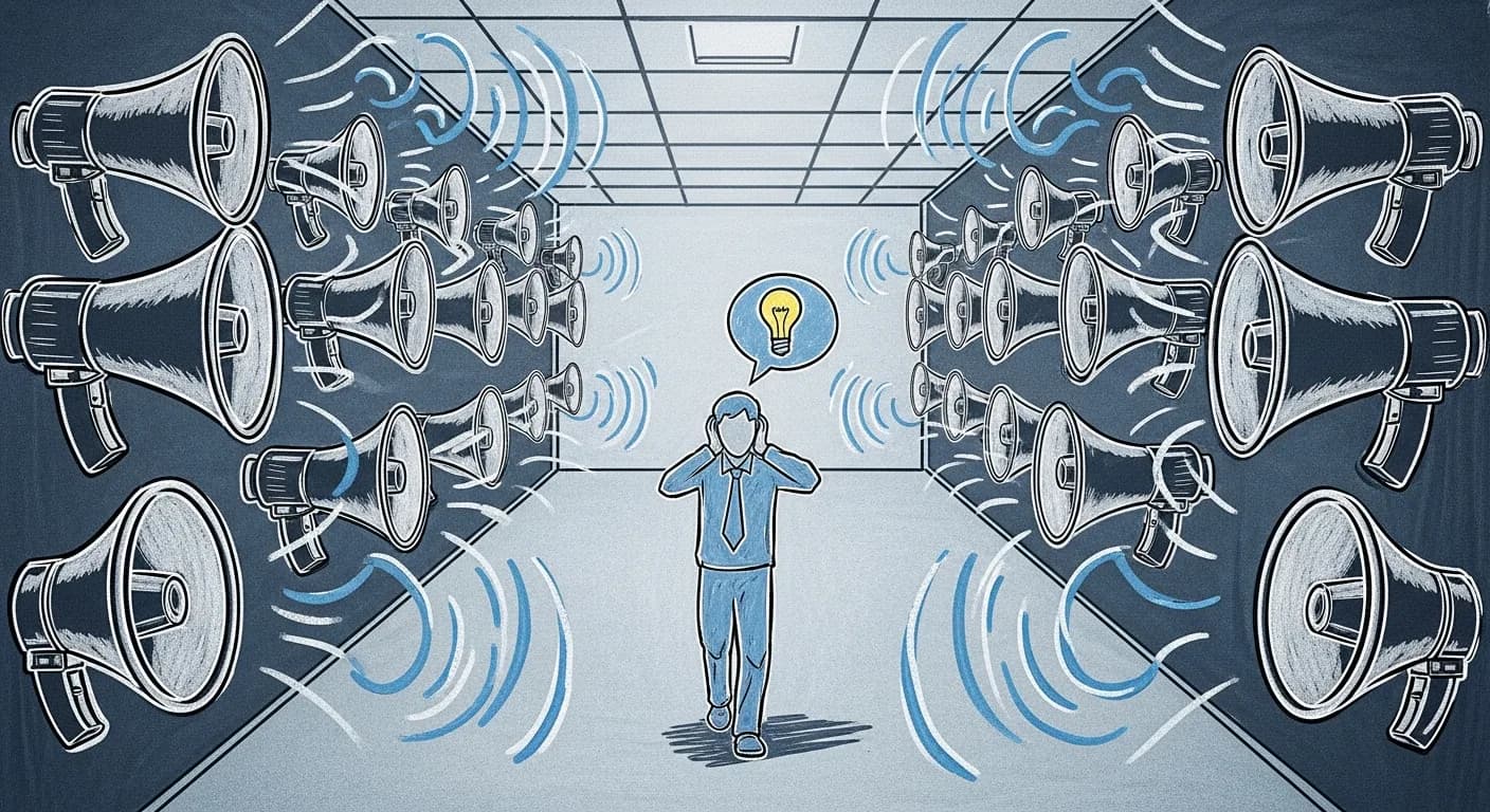 A person sitting at a desk completely buried under an avalanche of papers, envelopes, and floating notification icons, while a single glowing letter on the desk remains unnoticed. Muted corporate office setting.