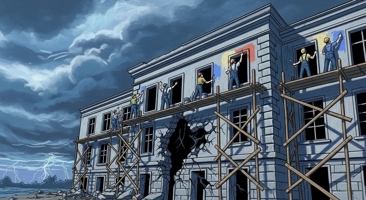 Массивное старое здание с трещинами в фундаменте, а рабочие на лесах бодро красят стены и меняют окна — не замечая разрушений внизу. Грозовое небо на фоне.