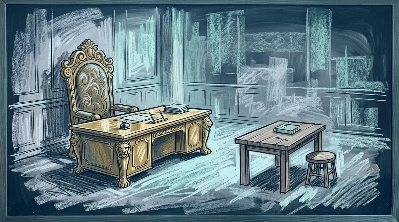 Корпоративный небоскрёб снизу вверх, крошечная фигура внизу смотрит на далёкий золотой офис на вершине — расстояние между этажами абсурдно растёт. Без текста.