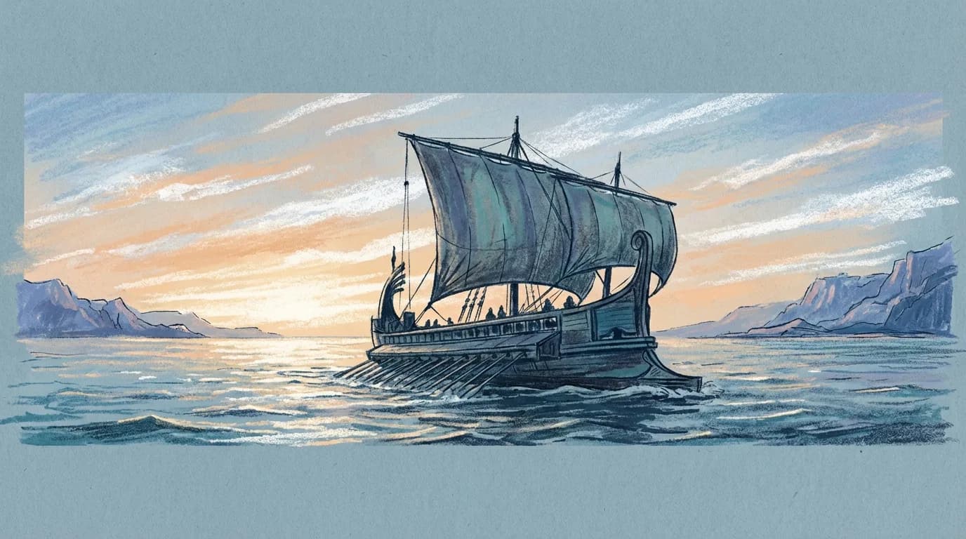 Древнеримский военный корабль плывёт через залитое солнцем Средиземное море к далёкому африканскому берегу, оставляя Италию далеко позади. Кинематографичный широкий план в золотой час.