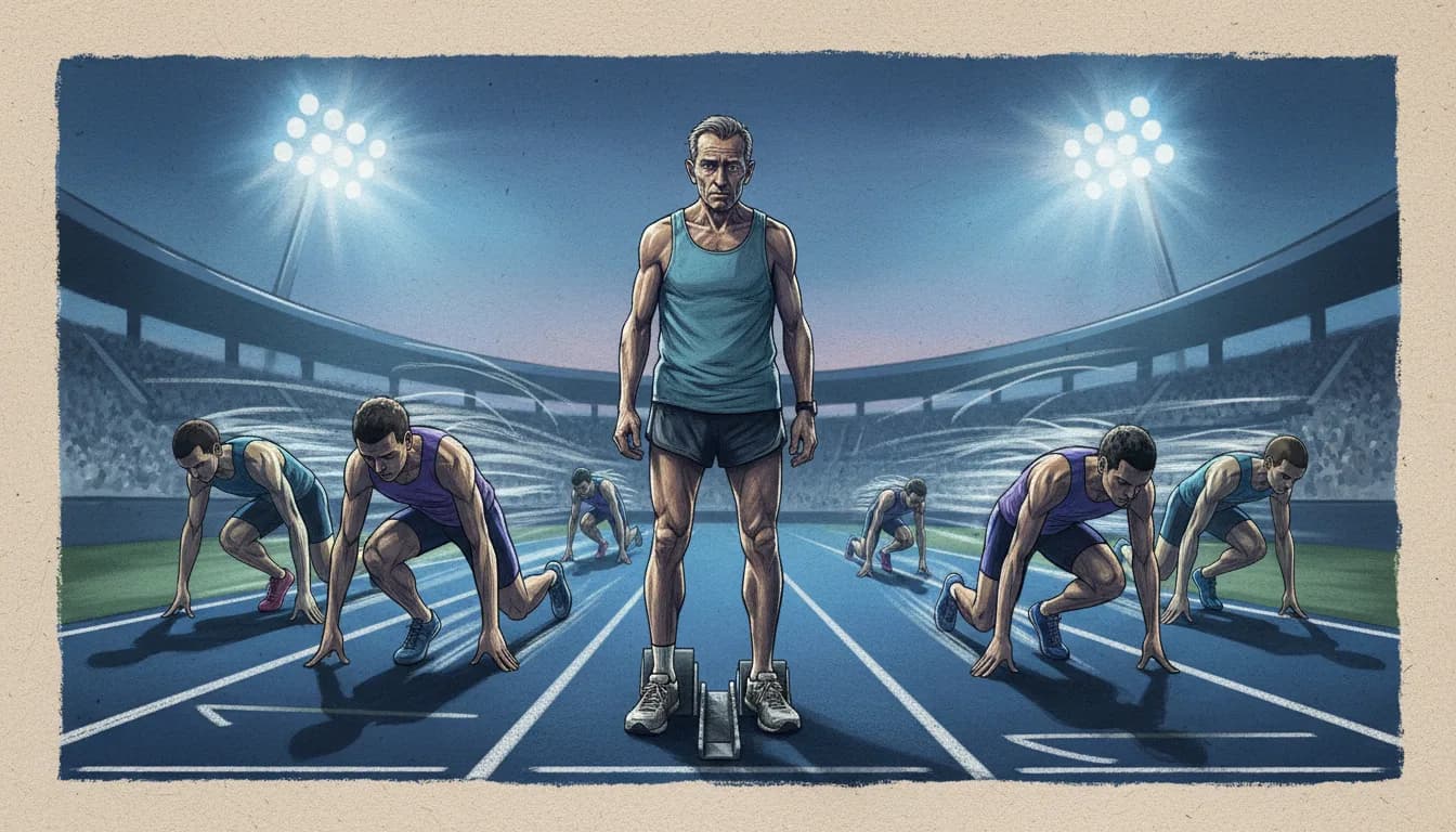 Опытный марафонец в растерянности стоит на стартовой позиции спринтерской дорожки, вокруг — молодые спринтеры в позе готовности. Драматичное освещение стадиона, размытие движения вокруг неподвижной фигуры.