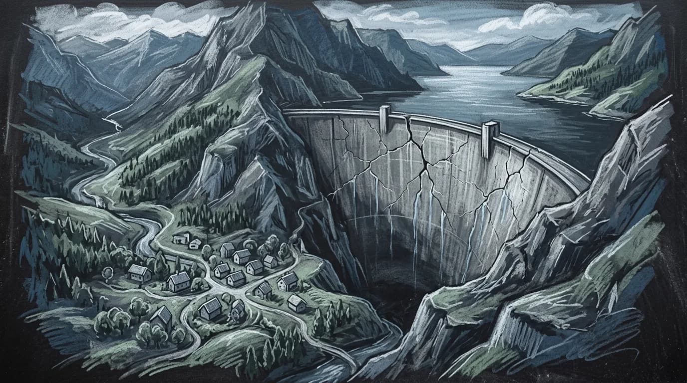 Одинокий оператор радара в тускло освещённой комнате наблюдает за слабыми точками на зелёном экране, а за окном на горизонте нарастает мощная буря.