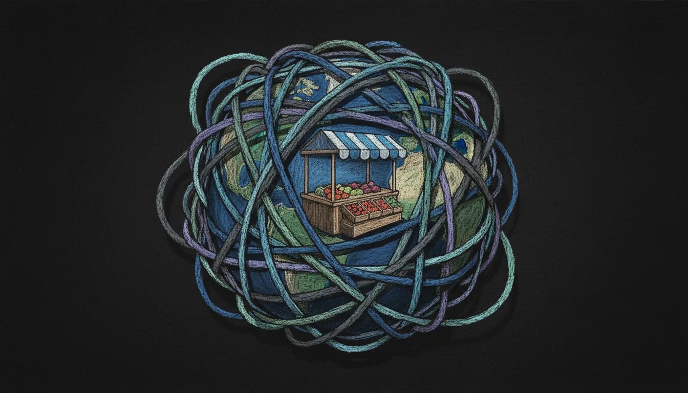 Маленькая уютная местная пекарня с тёплым светом, а за окном к зданию приближается гигантская волна-цунами из банкнот и валютных символов.