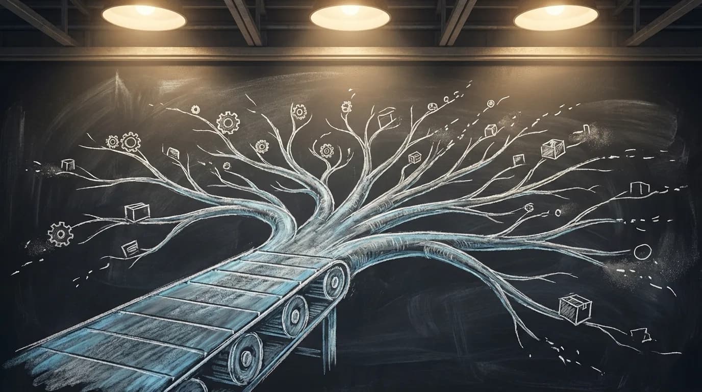 Огромный заводской конвейер, разветвляющийся на десятки тонких хрупких веток, уходящих во все стороны, на каждой ветке всё меньше продукции. Индустриальная обстановка с тёплым верхним освещением.