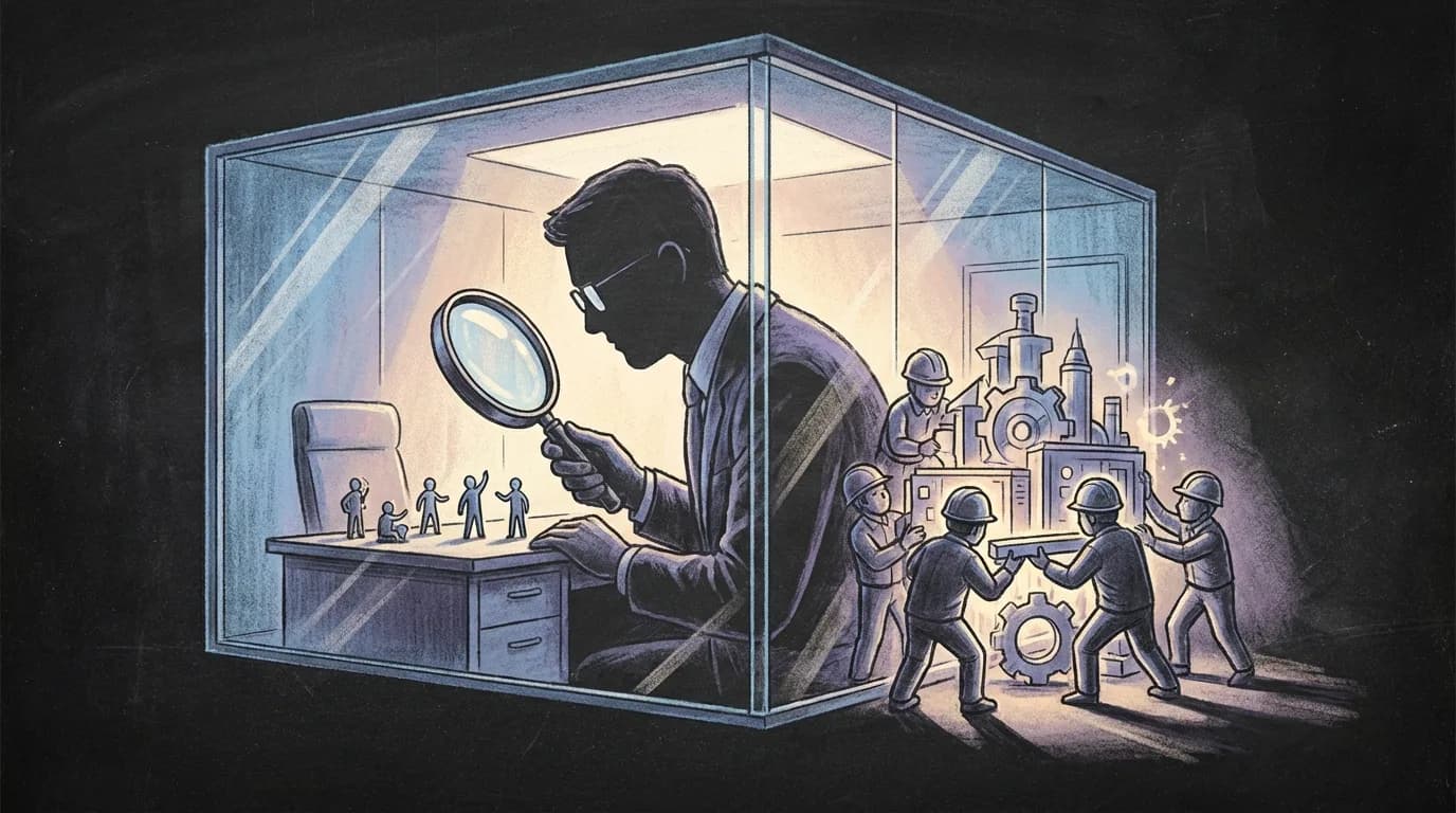 Человек в стеклянном кабинете рассматривает через лупу миниатюрных сотрудников на столе, а за его спиной, вне поля зрения, они строят нечто впечатляющее. Тёплое, слегка ироничное освещение.