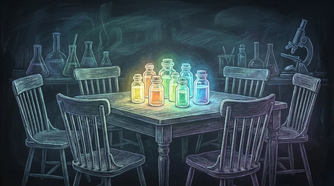 Одинокий учёный стоит на краю обрыва в тумане, держа светящуюся колбу, вглядываясь в неизвестность — символ стратегической ставки на неопределённость.