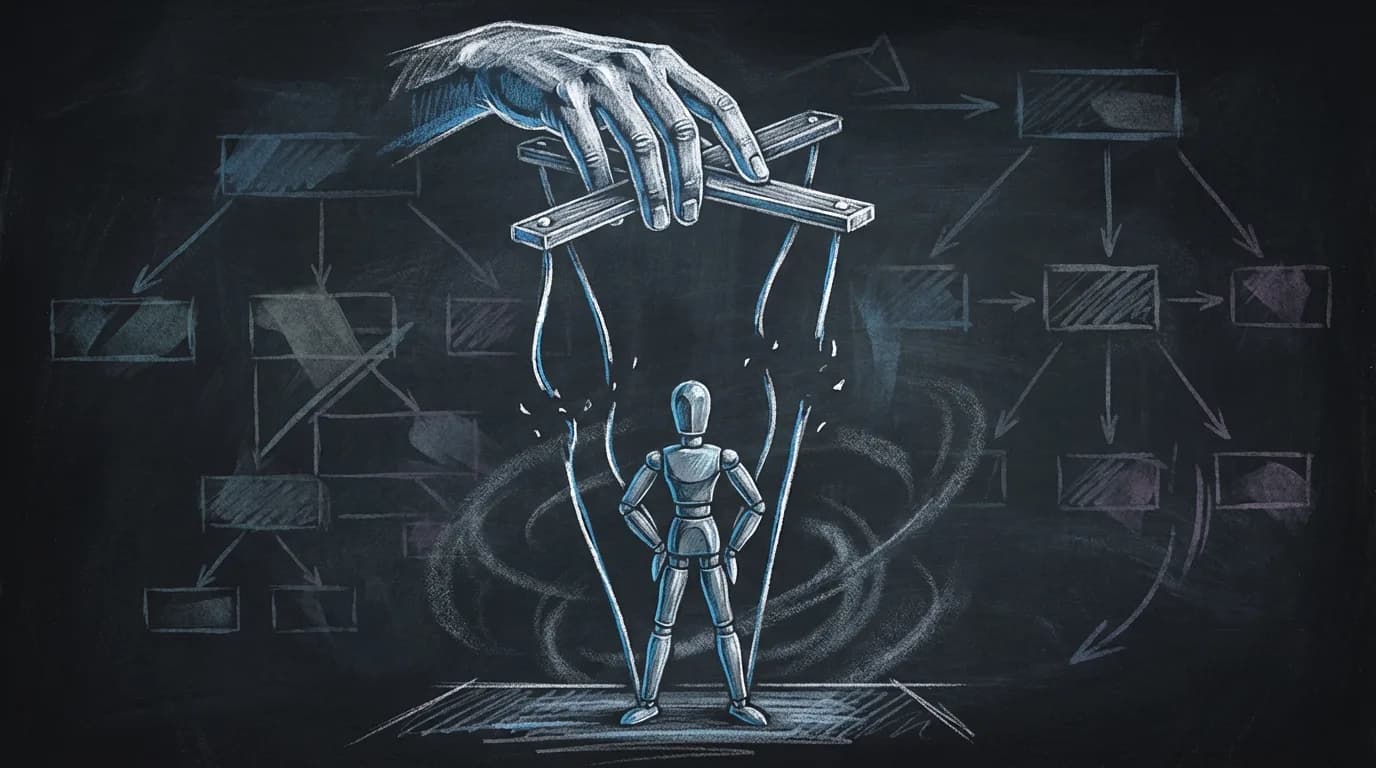 Круг рабочих уверенно стоит вокруг пустого кресла руководителя, их руки лежат на общем чертеже — кресло никем не занято, группа самоорганизована.