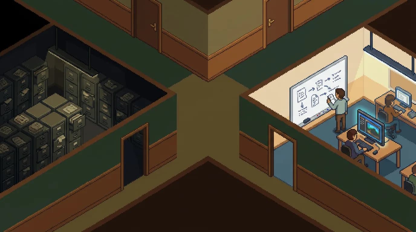 Огромная стопка бумажных документов на одной чаше весов, которую перевешивает маленький светящийся ноутбук с работающим прототипом на другой чаше. Минималистичный офис, тёплое освещение.