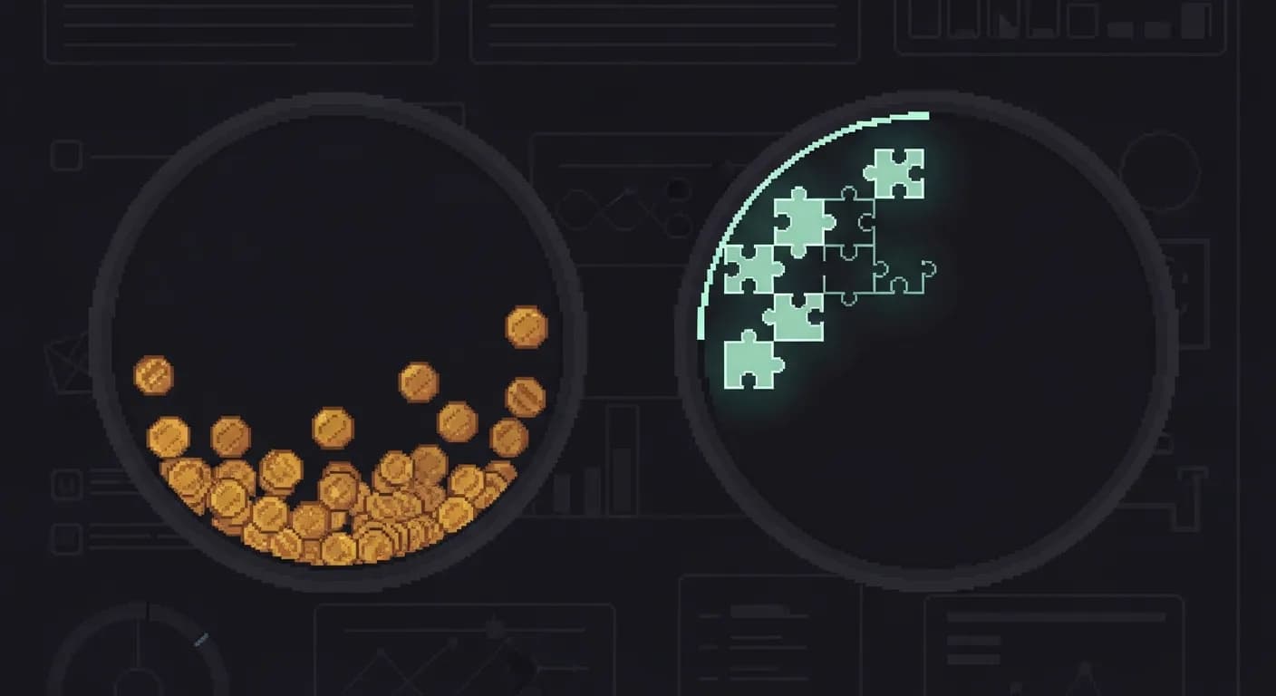 Панель проекта с двумя контрастными шкалами — одна на 80% заполнена золотыми монетами (потраченный бюджет), другая лишь на 20% заполнена светящимися пазлами (готовый функционал). Без текста.