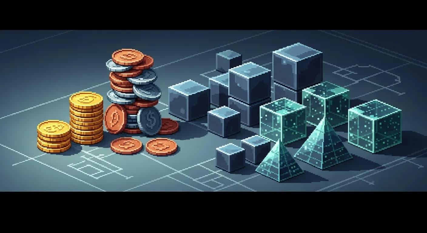 Стол с чертежами, на котором две стопки монет — аккуратная маленькая и большая неровная — рядом со строительными блоками разного размера, часть прозрачные, символизирующие задачи с разной неопределённостью.