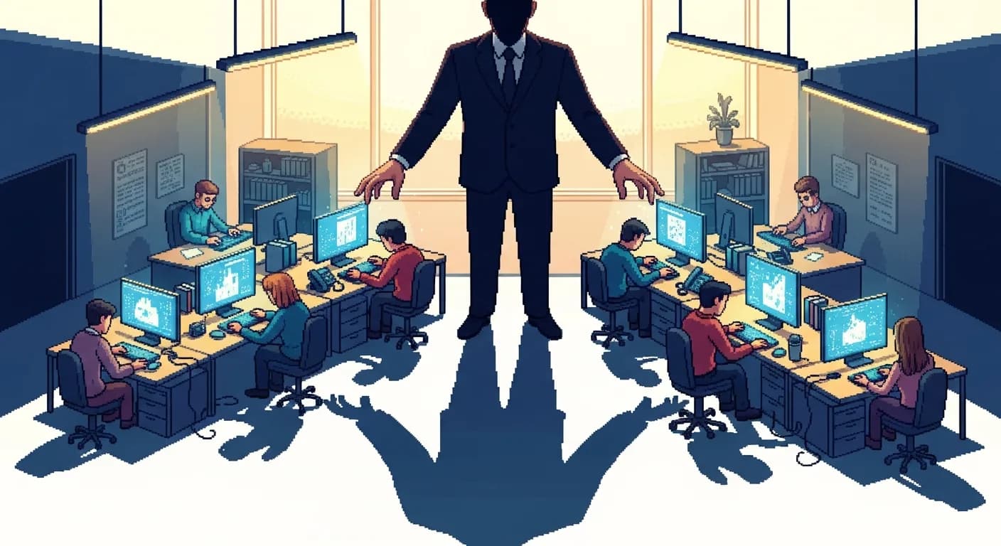 Человек в костюме стоит за спинами работающей команды, его длинная тень падает на их столы, руки зависли над клавиатурами, не касаясь их. Тёплое офисное освещение, слегка сюрреалистичная перспектива.