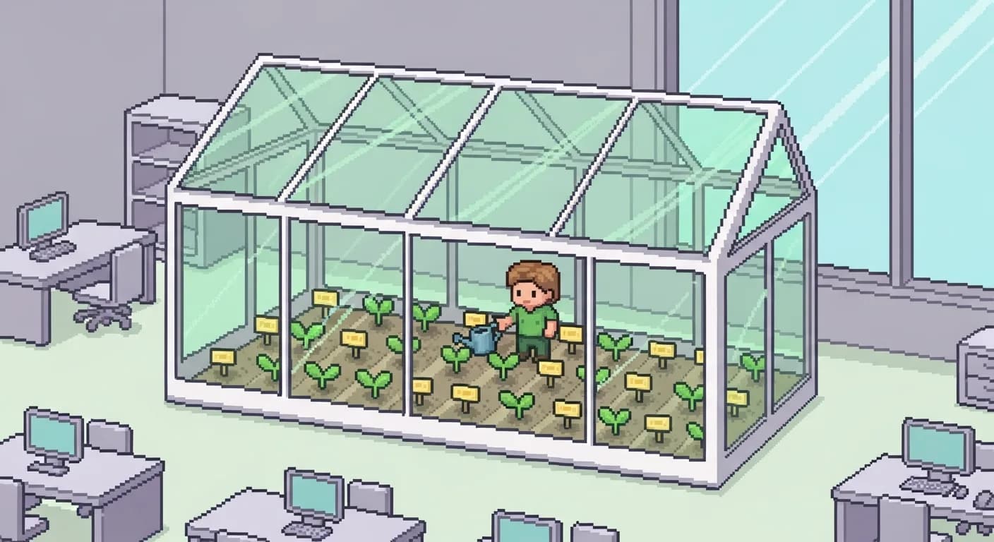 An accountant at a modest desk surrounded by spreadsheets, looking through a glass wall at a vibrant HR office where people are collaborating — a moment of quiet longing and possibility.