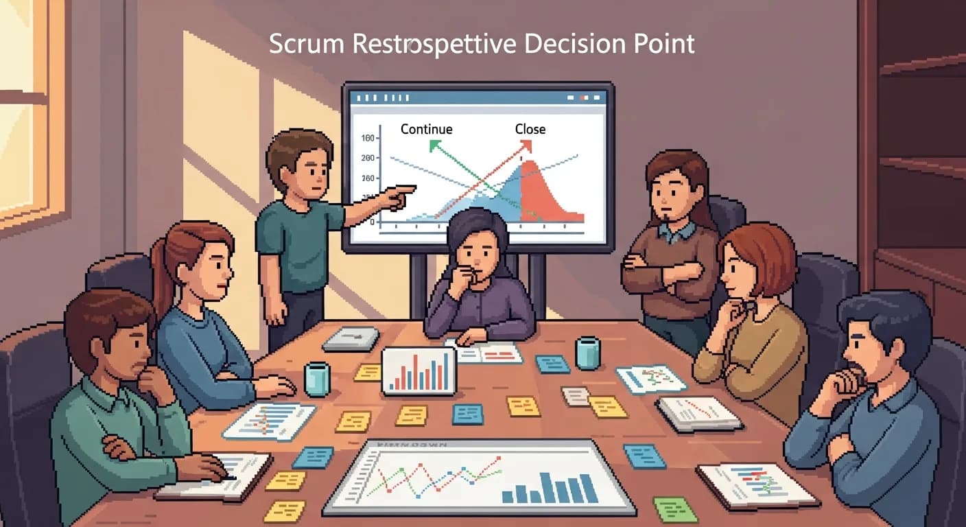 A diverse team and stakeholders gathered around a table covered with sprint data and charts, pausing to make a critical decision together. One person points at results on a screen — not in frustration, but with calm analytical focus. Warm meeting room light, serious atmosphere.