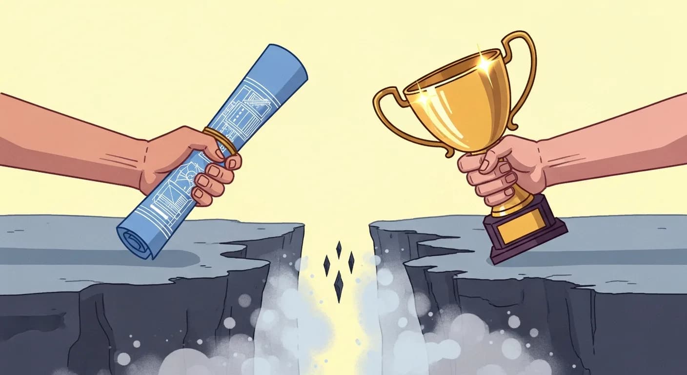 A project manager standing at a crossroads — one path has a neat checklist, the other leads toward a distant glowing city on the horizon. Warm minimalist illustration, soft light.