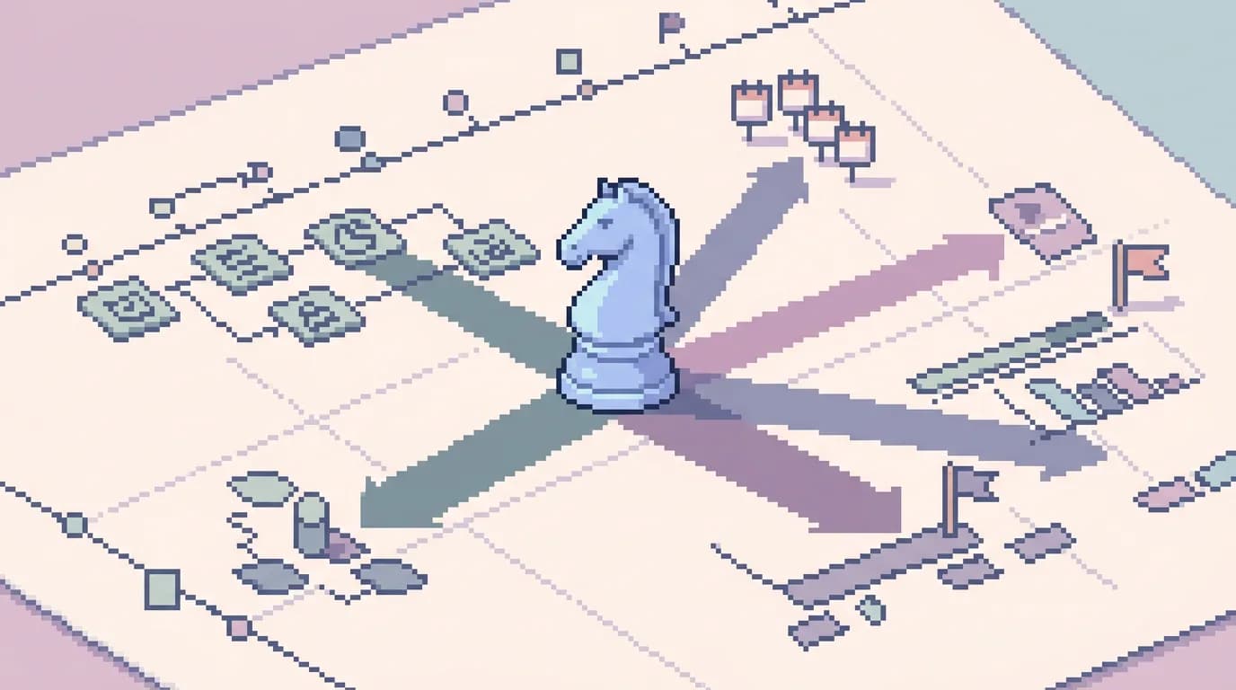 A single chess piece (knight) casting multiple shadows in different directions on a project timeline drawn on paper, symbolizing one resource being pulled into conflicting tasks simultaneously.