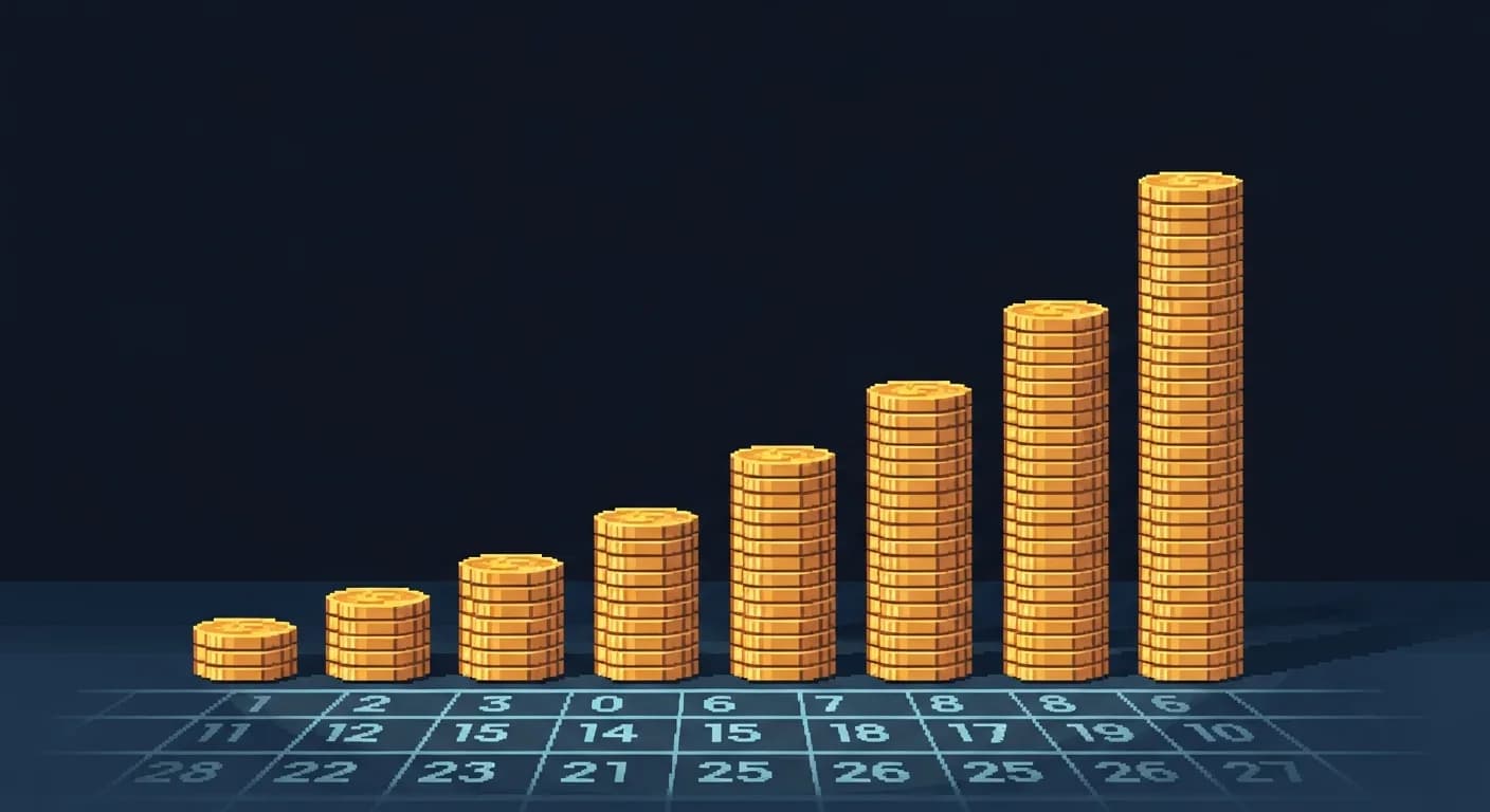 A steep exponential curve made of stacked gold coins on a dark background, each column dramatically taller than the previous one, with a calendar grid fading beneath. The visual conveys accelerating cost for each unit of time saved.