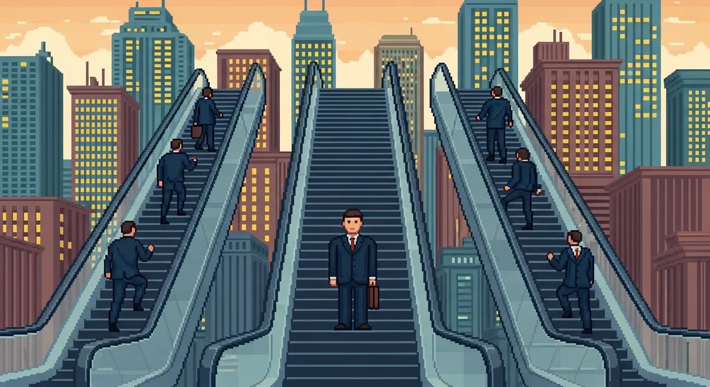Бизнесмен стоит неподвижно на эскалаторе, едущем вниз, пока конкуренты на параллельных эскалаторах обгоняют его, на фоне финансового квартала. Без текста на картинке.