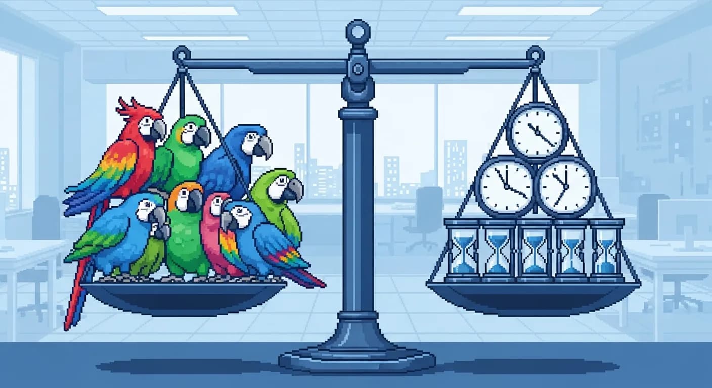 Большие весы в современном офисе — на одной чаше разноцветные абстрактные попугаи, на другой циферблаты и песочные часы. Сторона с попугаями идеально уравновешена.
