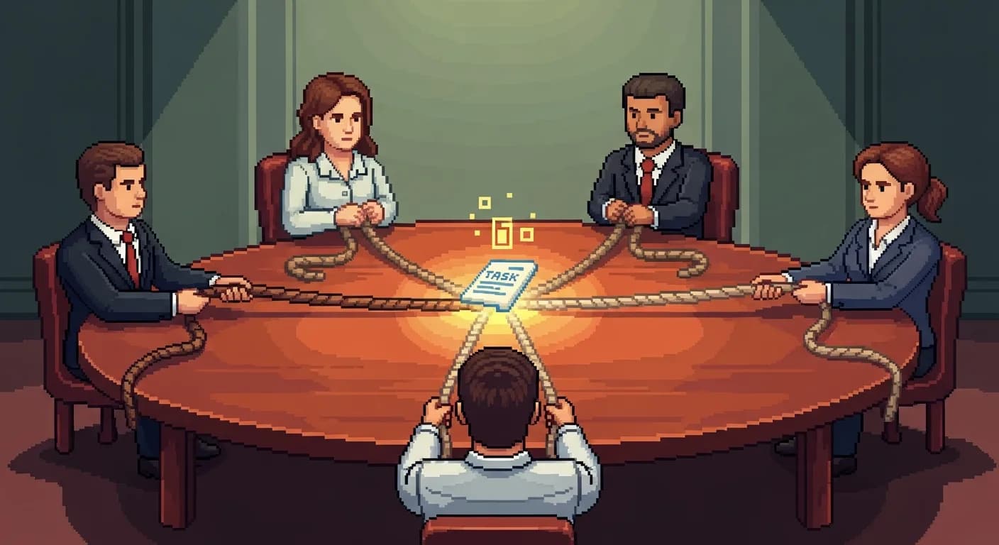 Круглый стол с четырьмя деловыми людьми, каждый тянет верёвку к светящейся карточке задачи в центре. Верёвки разной толщины — символ разного веса влияния. Спокойная атмосфера переговорной, мягкое освещение.