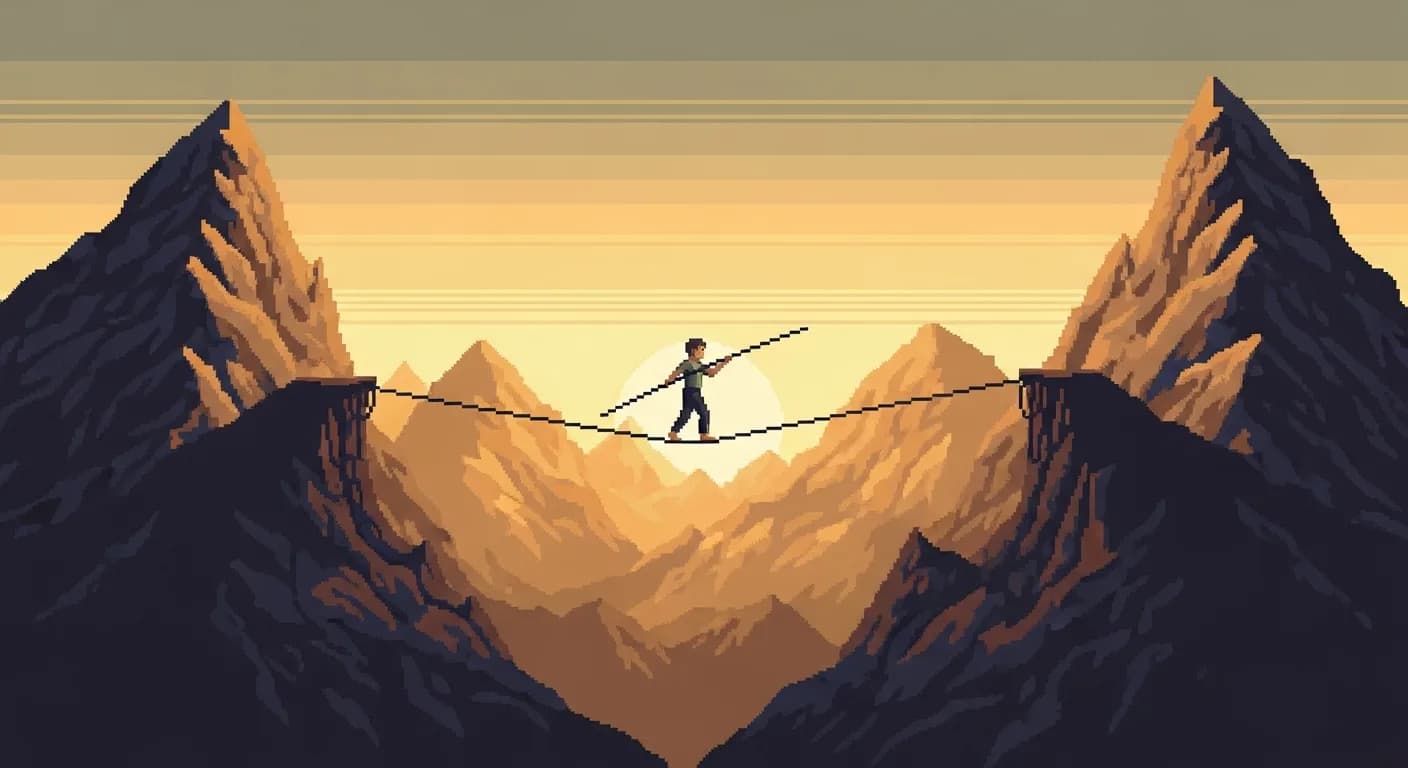 Канатоходец балансирует на тонком канате между двумя горными вершинами в драматичном золотом свете, держа длинный шест, слегка наклонённый в одну сторону.