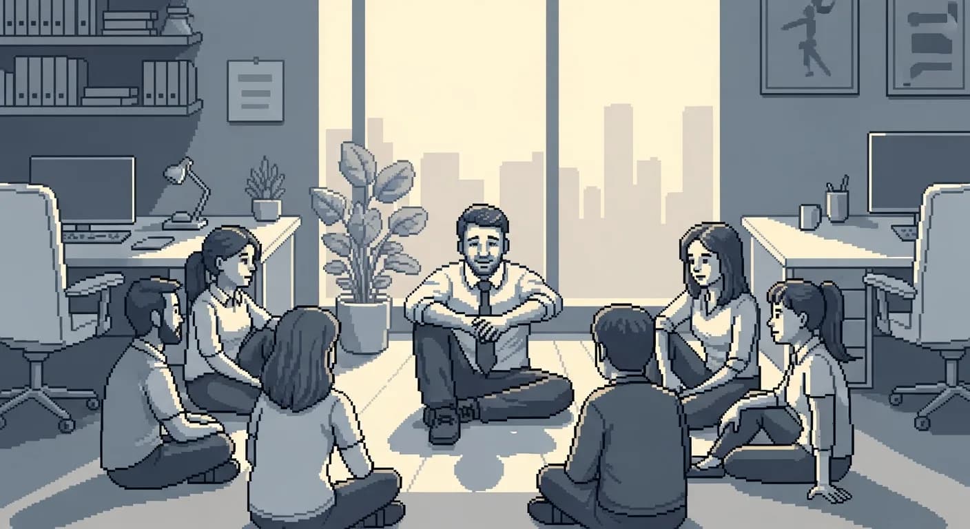 Руководитель сидит на полу среди членов команды в неформальном кругу, искренне слушает с открытой позой, тёплый свет заполняет современное офисное пространство. Без текста на картинке.