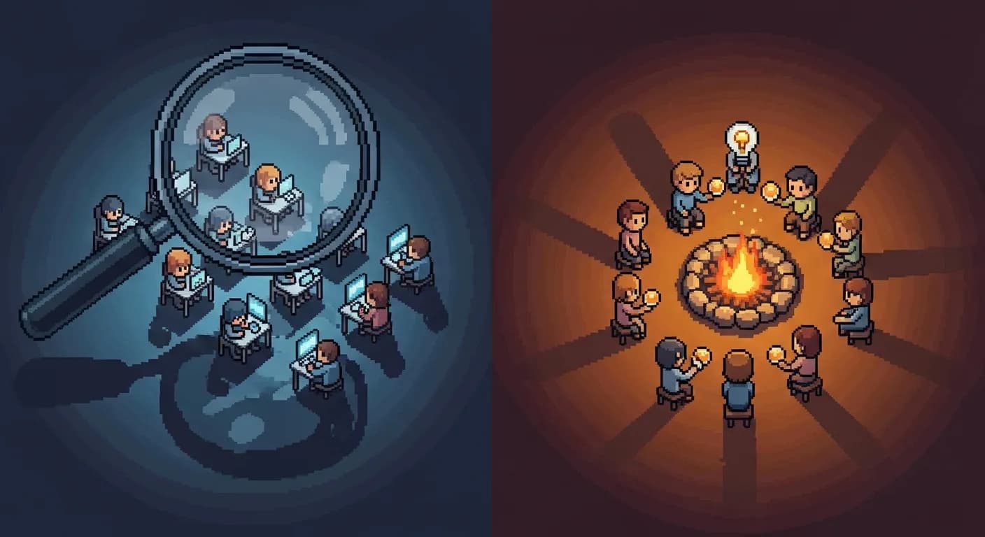 Строгий охранник в форме с планшетом у двери офиса, постепенно превращающийся в дружелюбного библиотекаря в окружении светящихся книжных полок. Композиция-трансформация.