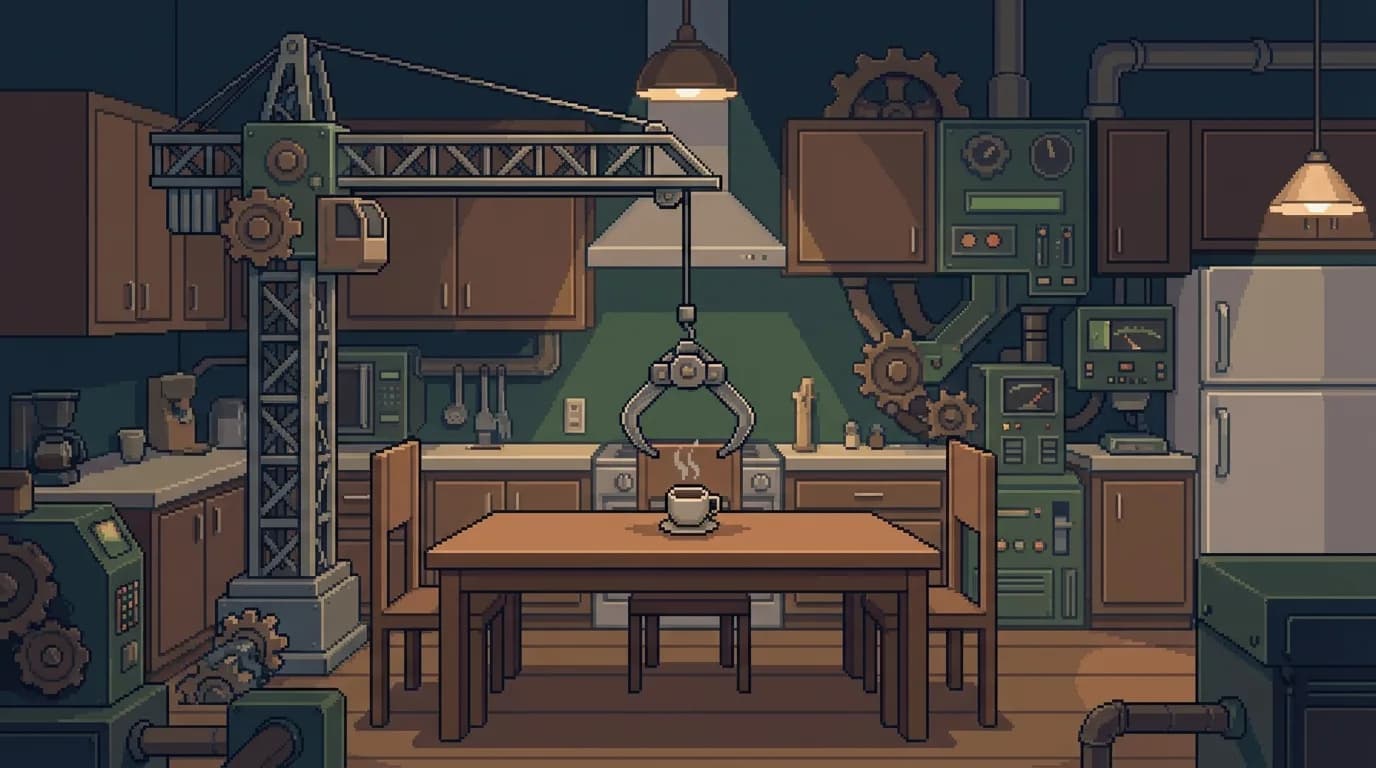 Человек использует огромный промышленный кран, чтобы поднять маленькую чашку кофе со стола, вокруг сложная техника на обычной кухне. Без текста на картинке.