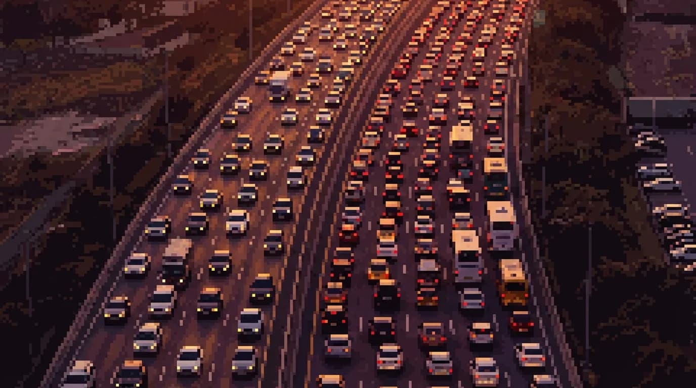 Загруженная автомагистраль с высоты птичьего полёта, тысячи машин стоят бампер к бамперу — высокая пропускная способность, но каждая машина едва движется. Тёплый вечерний свет.