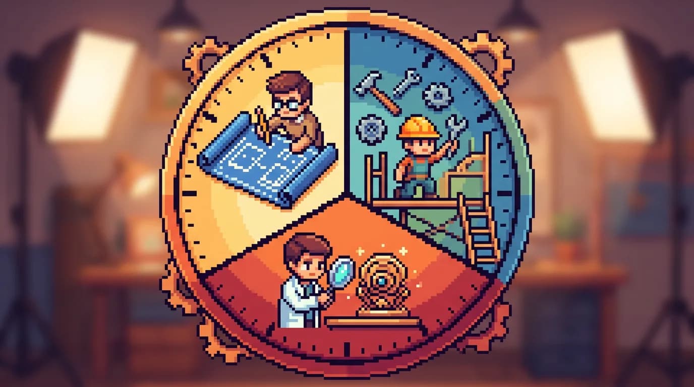 Большой циферблат, разделённый на три равных цветных сегмента, с крошечными фигурками в каждом: одна изучает чертёж, другая строит с инструментами, третья рассматривает готовую деталь через лупу.