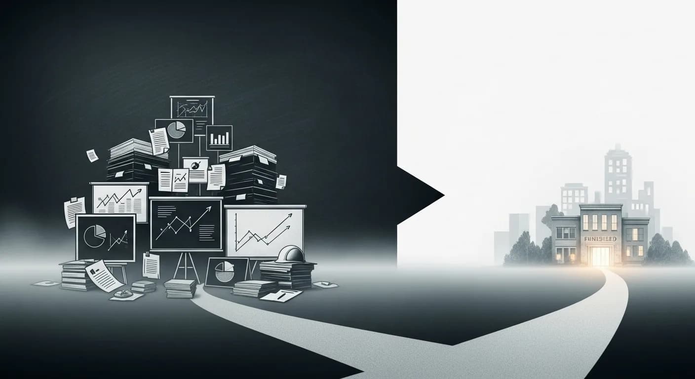 Два расходящихся пути в туманном корпоративном ландшафте — один завален башнями документов, графиков и презентационных досок, другой чистый и простой, ведущий к небольшому, но ярко светящемуся готовому зданию.