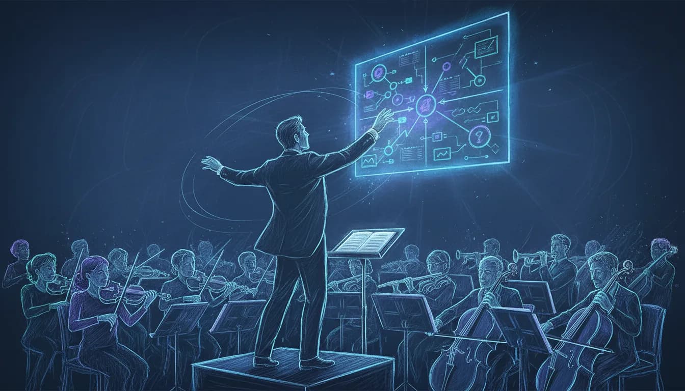 Большая стрелка компаса на столе переговорной, вокруг которой миниатюрные фигуры сотрудников поворачиваются в одном направлении. Тёплый золотистый свет.