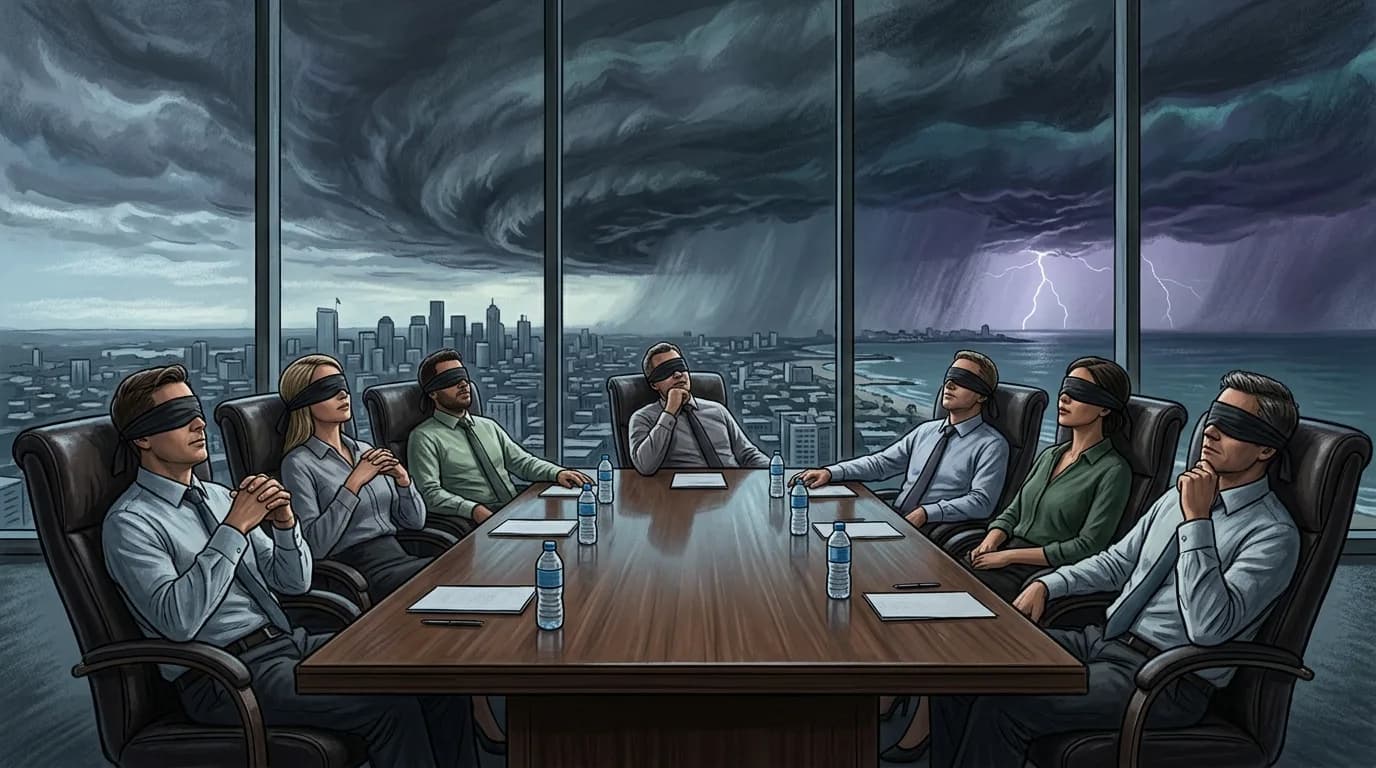 Роскошный зал заседаний с кожаными креслами, где руководители сидят расслабленно с повязками на глазах, а за большими окнами позади них надвигается буря.