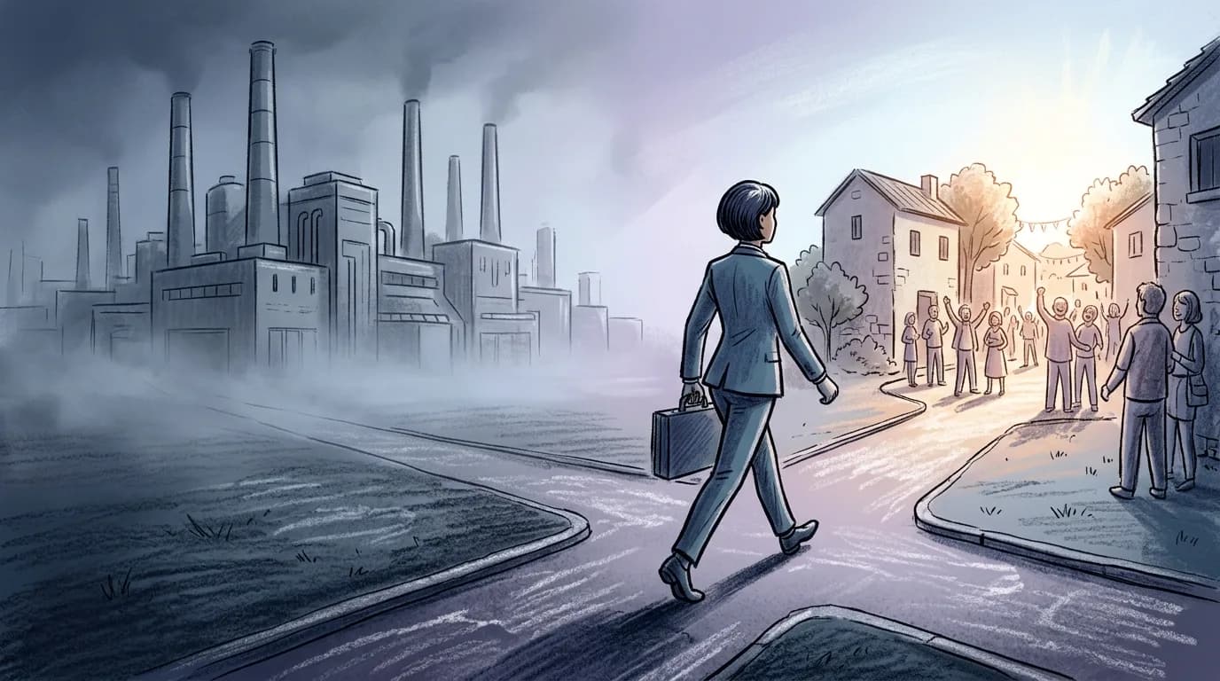 Телефонный мастер 1920-х годов, стоящий на колене рядом с клиентом и тепло пожимающий ему руку вместо ремонта оборудования — символ перехода от техники к обслуживанию людей.