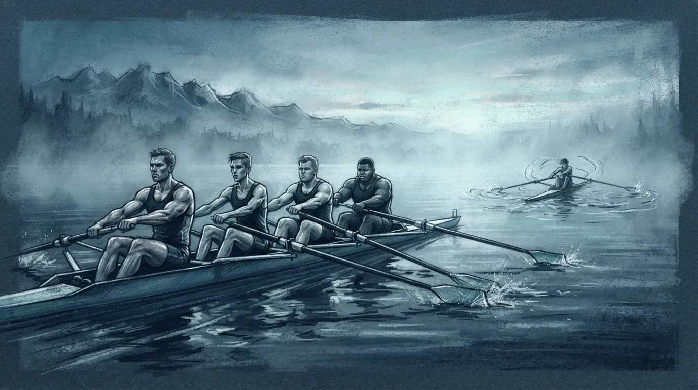 Четыре разных пазла разного цвета и формы складываются на деревянном столе в цельный квадрат, а рядом лежит одна огромная деталь, которая никуда не подходит.