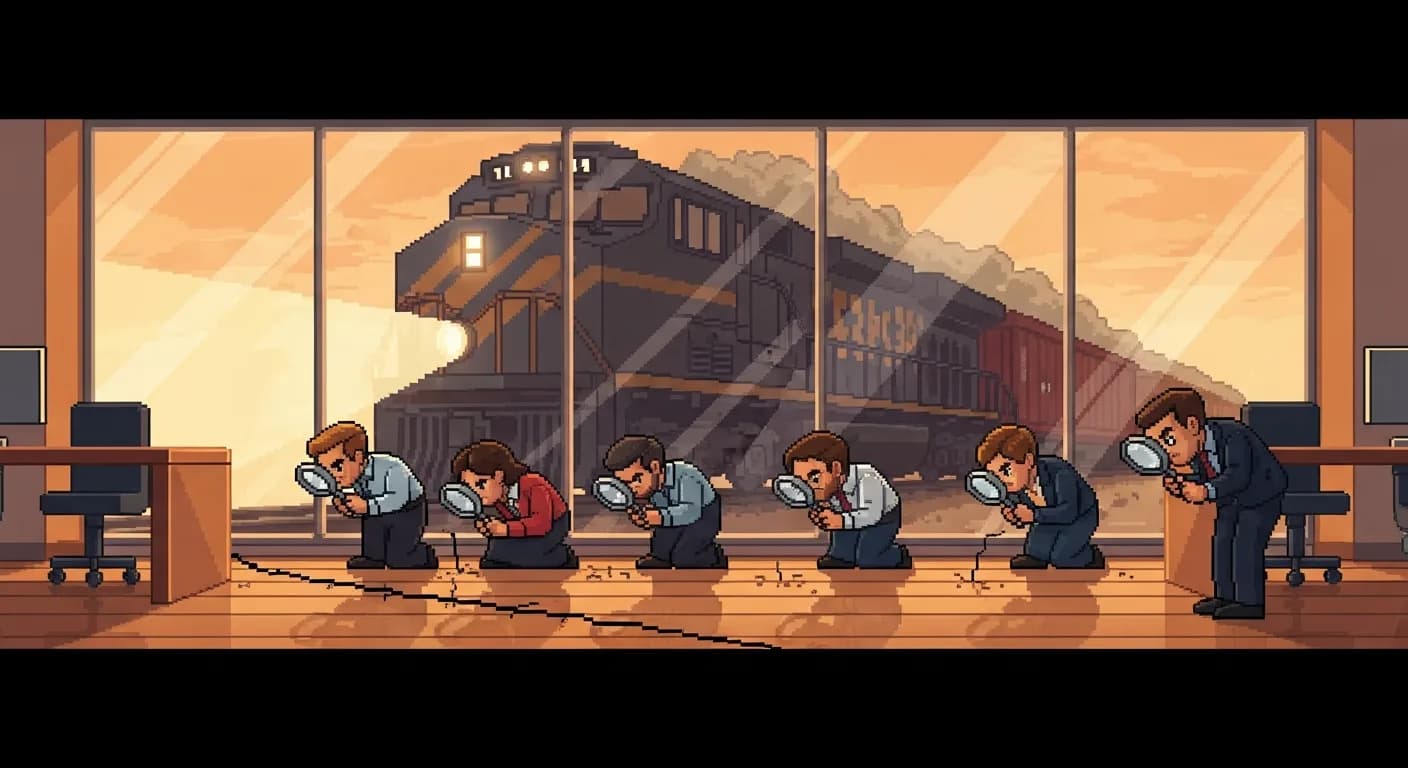 Группа офисных работников с лупами тщательно изучает мелкие трещинки на полу, а за их спинами огромный товарный поезд несётся прямо в стеклянную стену офиса. Без текста.